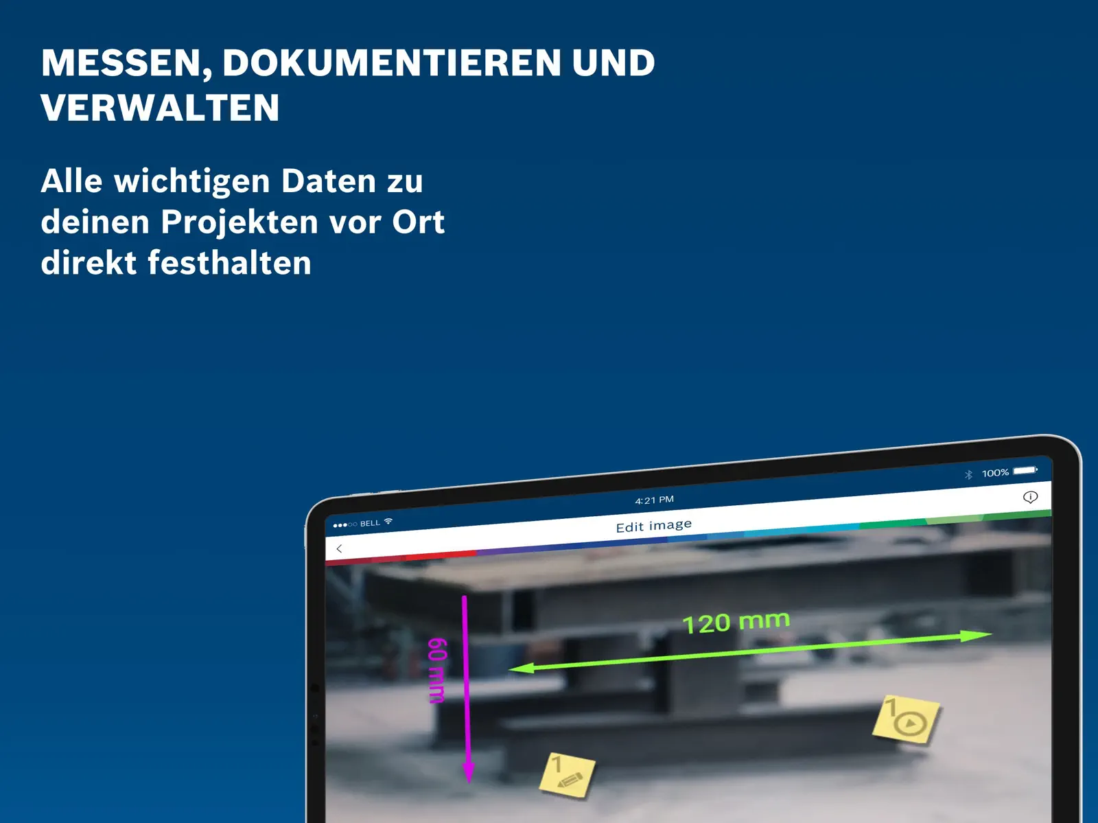 Bosch Toolbox auf dem iPad: Maße direkt in ein Baustellenfoto eintragen