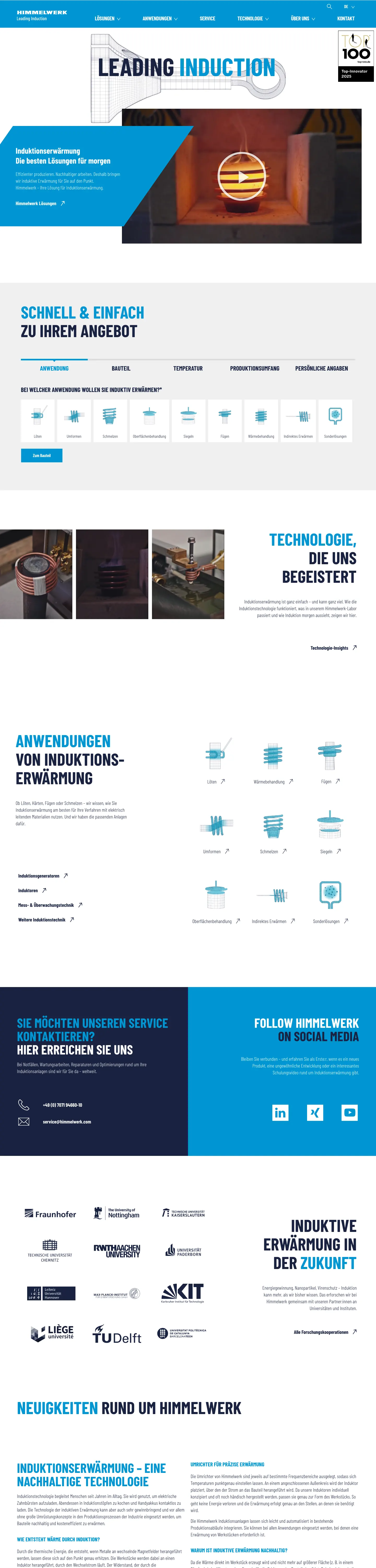 Startseite von Himmelwerk mit Angebotsformular und Anwendungen