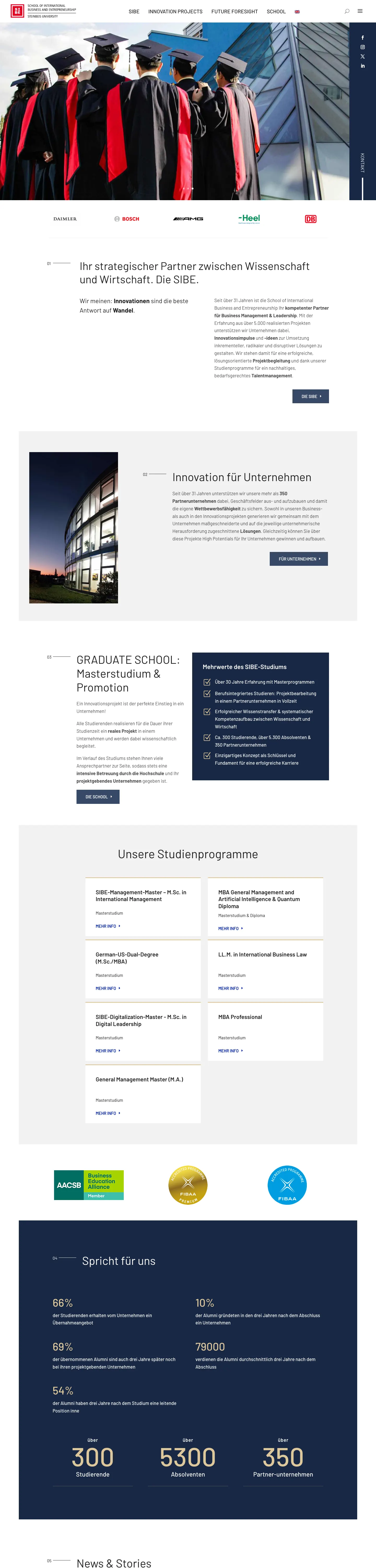 Startseite der Steinbeis SIBE mit Studienprogrammen und Kennzahlen